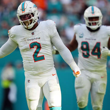 Miami Dolphins EDGE Bradley Chubb celebrates after recovering a fumble during the second half against the New York Jets.