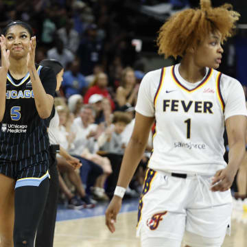 Chicago Sky forward Angel Reese (5) reacts during the second half