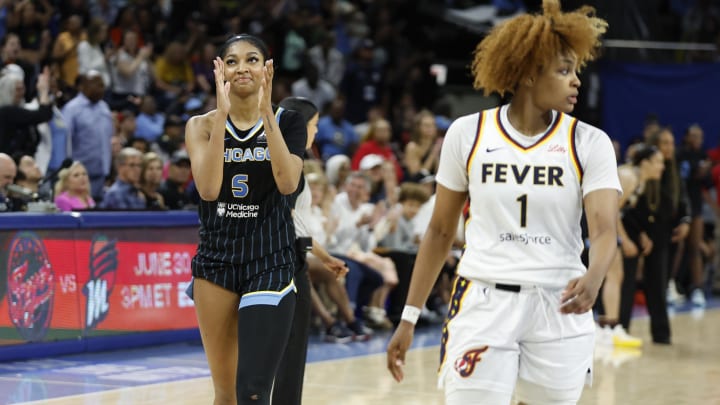 Chicago Sky forward Angel Reese (5) reacts during the second half