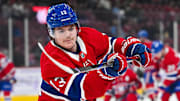 Nov 23, 2024; Montreal, Quebec, CAN; Montreal Canadiens right wing Cole Caufield (13) looks on during warm-up before the game against the Las Vegas Golden Knights at Bell Centre. Mandatory Credit: David Kirouac-Imagn Images