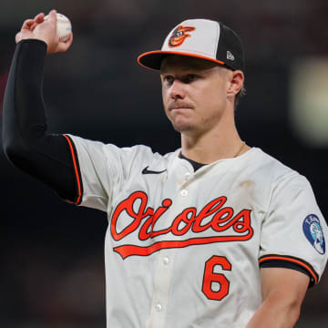 Jun 26, 2024; Baltimore, Maryland, USA; Baltimore Orioles first base Ryan Mountcastle (6) throws to first base during the eighth inning against the Cleveland Guardians at Oriole Park at Camden Yards. 