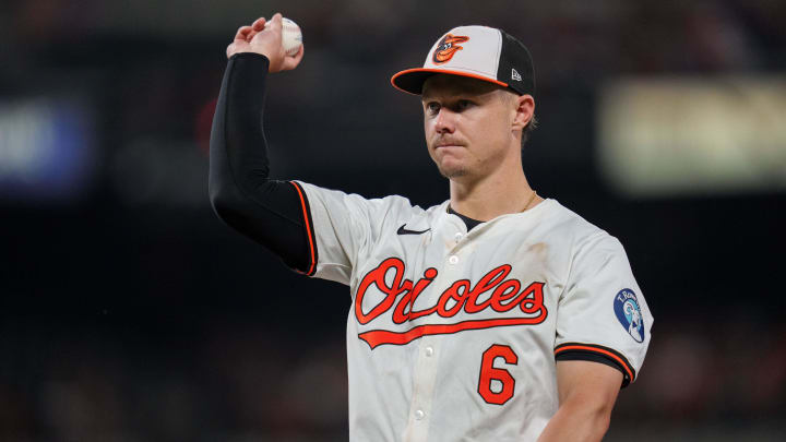 Jun 26, 2024; Baltimore, Maryland, USA; Baltimore Orioles first base Ryan Mountcastle (6) throws to first base during the eighth inning against the Cleveland Guardians at Oriole Park at Camden Yards. 