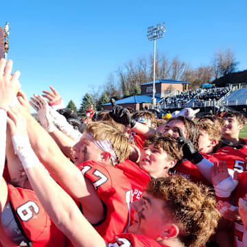 Peters Township players celebrate winning the 2023 WPIAL Class 5A title.