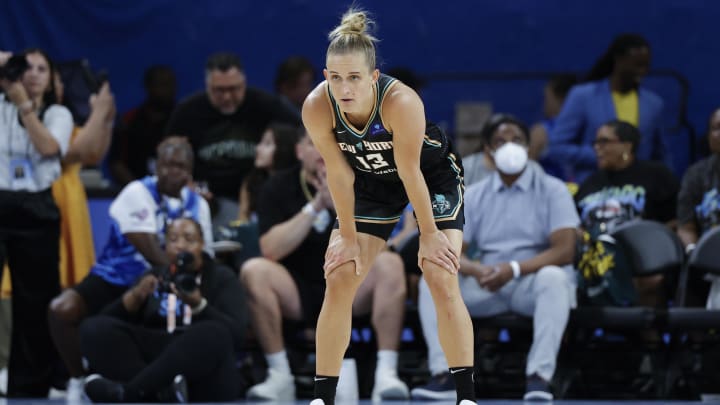 Jul 13, 2024; Chicago, Illinois, USA; New York Liberty forward Leonie Fiebich (13) looks on during the first half of a WNBA game against the Chicago Sky at Wintrust Arena. Mandatory Credit: Kamil Krzaczynski-USA TODAY Sports