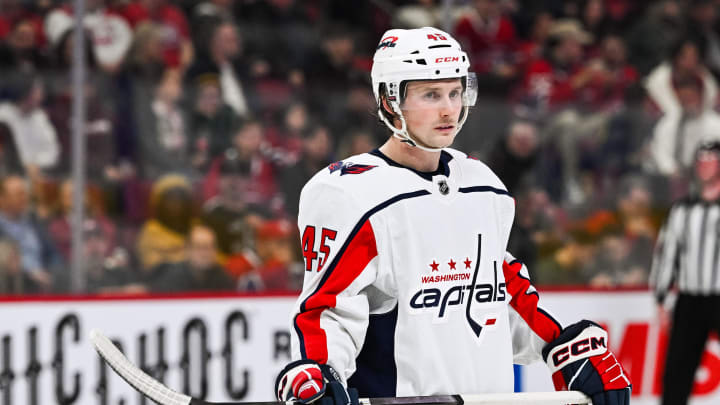 Oct 21, 2023; Montreal, Quebec, CAN; Washington Capitals right wing Matthew Phillips (45) against the Montreal Canadiens during the third period at Bell Centre. Mandatory Credit: David Kirouac-USA TODAY Sports