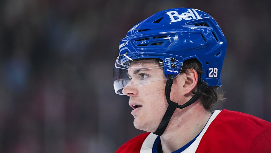 Apr 5, 2026; Montreal, Quebec, CAN; Montreal Canadiens right wing Cole Caufield (13) looks on against the New Jersey Devils during the third period at Bell Centre. Mandatory Credit: David Kirouac-Imagn Images