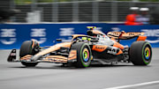 Jun 7, 2024; Montreal, Quebec, CAN; McLaren driver Lando Norris (GBR) races during FP2 practice session of the Canadian Grand Prix at Circuit Gilles Villeneuve. Mandatory Credit: David Kirouac-Imagn Images
