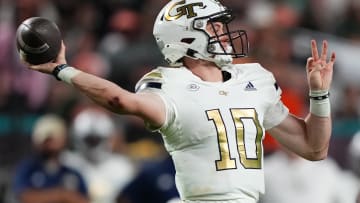 Oct 7, 2023; Miami Gardens, Florida, USA; Georgia Tech Yellow Jackets quarterback Haynes King (10) attempts a pass against the Miami Hurricanes in the second half at Hard Rock Stadium. Mandatory Credit: Jasen Vinlove-USA TODAY Sports