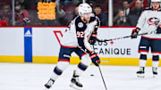 Mar 12, 2024; Montreal, Quebec, CAN; Columbus Blue Jackets left wing Alex Nylander (92) skates with a puck during warm-up before the game against the Montreal Canadiens at Bell Centre. Mandatory Credit: David Kirouac-Imagn Images