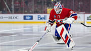 Dec 5, 2024; Montreal, Quebec, CAN; Montreal Canadiens goalie Sam Montembeault (35) skates first on the ice during warm-up before the game against the Nashville Predators at Bell Centre. Mandatory Credit: David Kirouac-Imagn Images