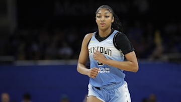 Jul 13, 2024; Chicago, Illinois, USA; Chicago Sky forward Angel Reese (5) reacts during the first half of a WNBA game against the New York Liberty at Wintrust Arena. Mandatory Credit: Kamil Krzaczynski-Imagn Images