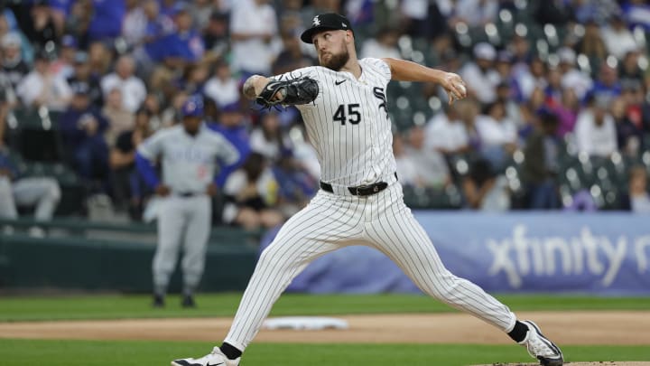 Aug 9, 2024; Chicago, Illinois, USA; Chicago White Sox starting pitcher Garrett Crochet (45) delivers a pitch against the Chicago Cubs during the first inning at Guaranteed Rate Field. Mandatory Credit: Kamil Krzaczynski-USA TODAY Sports