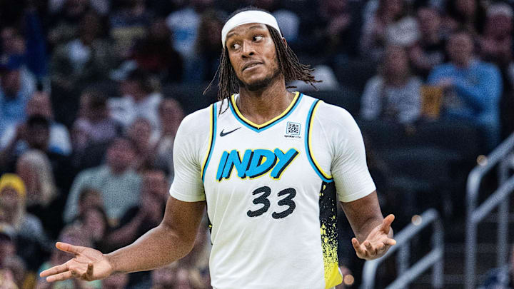 Nov 24, 2024; Indianapolis, Indiana, USA; Indiana Pacers center Myles Turner (33) celebrates a made basket  in the first half against the Washington Wizards at Gainbridge Fieldhouse. Mandatory Credit: Trevor Ruszkowski-Imagn Images