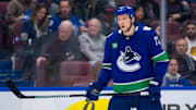 Nov 12, 2024; Vancouver, British Columbia, CAN; Vancouver Canucks defenseman Vincent Desharnais (73) during a stop in play against the Calgary Flames in the second period at Rogers Arena. Mandatory Credit: Bob Frid-Imagn Images