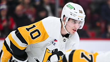 Dec 12, 2024; Montreal, Quebec, CAN; Pittsburgh Penguins left wing Drew O'Connor (10) waits for a face-off against the Montreal Canadiens during the second period at Bell Centre.