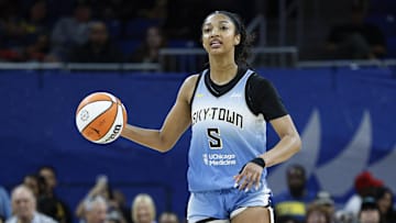 Sep 3, 2025; Chicago, Illinois, USA; Chicago Sky forward Angel Reese (5) brings the ball up court against the Connecticut Sun during the second half at Wintrust Arena. Mandatory Credit: Kamil Krzaczynski-Imagn Images