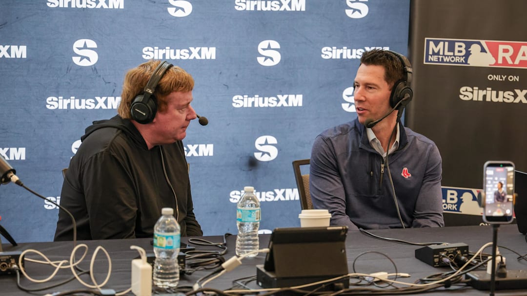 Dec 10, 2025; Orlando, FL, USA; Boston Red Sox Chief Baseball Officer Craig Breslow (right) during an interview at the 2025 MLB Winter Meetings at Signia by Hilton Hotel. Mandatory Credit: Mike Watters-Imagn Images
