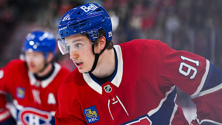 Apr 5, 2026; Montreal, Quebec, CAN; Montreal Canadiens center Oliver Kapanen (91) looks on against the New Jersey Devils during the third period at Bell Centre. Mandatory Credit: David Kirouac-Imagn Images