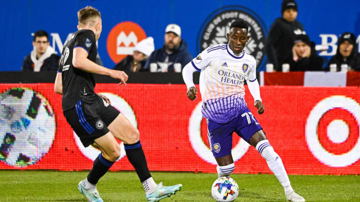 Oct 16, 2022; Montreal, Quebec, Canada; Orlando City SC forward Ivan Angulo (77) dribbles the ball