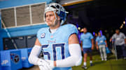 Tennessee Titans linebacker Cody Barton heads out for warmups before a game against the Indianapolis Colts at Nissan Stadium