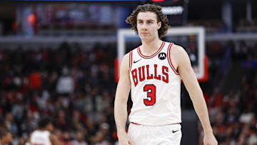 Nov 4, 2025; Chicago, Illinois, USA; Chicago Bulls guard Josh Giddey (3) reacts during the second half at United Center.
