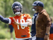 Bears quarterback Caleb Williams throws the ball during organized team activities at Halas Hall.