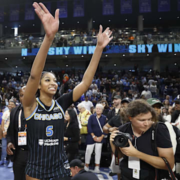 Chicago Sky forward Angel Reese (5) reacts after defeating the Indiana Fever