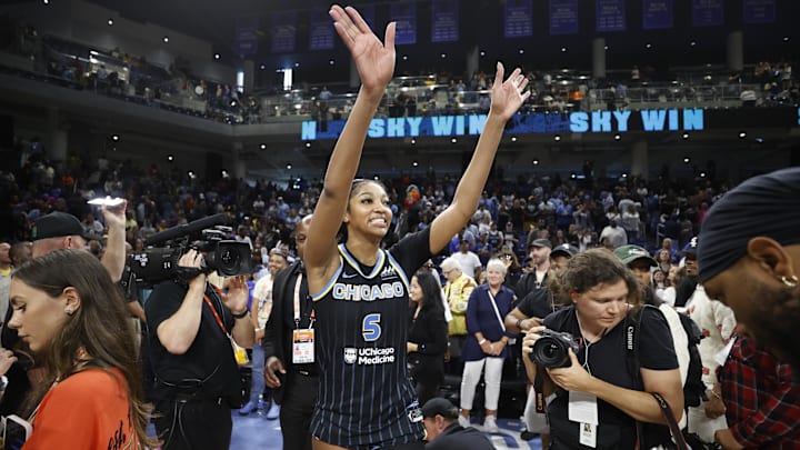 Chicago Sky forward Angel Reese (5) reacts after defeating the Indiana Fever