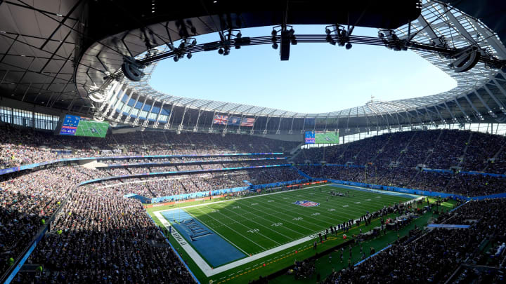 Oct 15, 2023; London, United Kingdom; A general overall view of British and United States flags at Tottenham Hotspur Stadium.