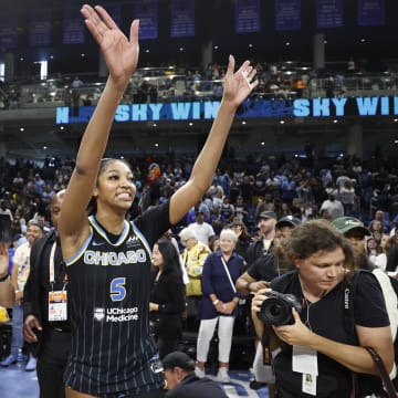 Chicago Sky forward Angel Reese reacts after defeating the Indiana Fever