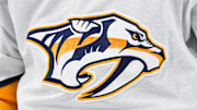 Dec 5, 2024; Montreal, Quebec, CAN; View of a Nashville Predators logo on a jersey worn by a member of the team during the second period at Bell Centre. Mandatory Credit: David Kirouac-Imagn Images