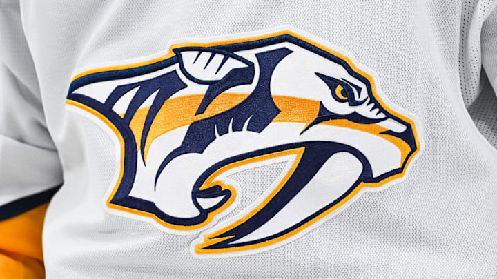 Dec 5, 2024; Montreal, Quebec, CAN; View of a Nashville Predators logo on a jersey worn by a member of the team during the second period at Bell Centre. Mandatory Credit: David Kirouac-Imagn Images