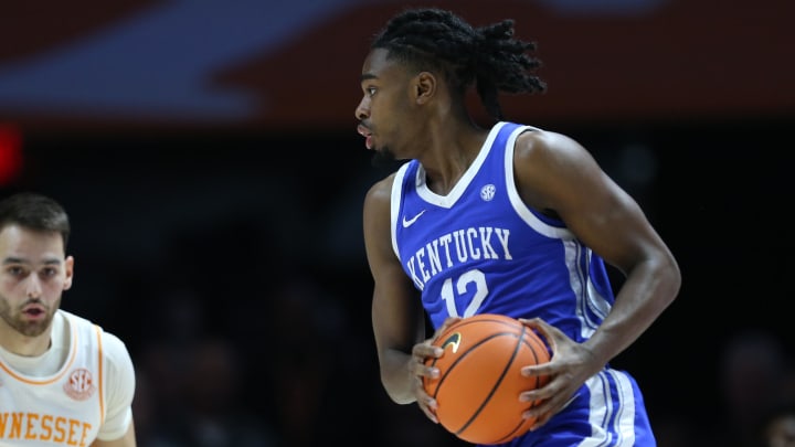Mar 9, 2024; Knoxville, Tennessee, USA; Kentucky Wildcats guard Antonio Reeves (12) moves the ball against the Tennessee Volunteers during the first half at Thompson-Boling Arena at Food City Center. Mandatory Credit: Randy Sartin-USA TODAY Sports
