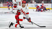 Apr 16, 2025; Montreal, Quebec, CAN; Carolina Hurricanes left wing Taylor Hall (71) kneels on the ice in warm-up before the game against the Montreal Canadiens at Bell Centre. Mandatory Credit: David Kirouac-Imagn Images