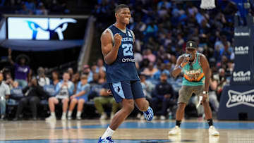 Grizzlies' Cedric Coward (23) takes part in the rookie dance challenge during open practice at the FedExForum on October 4, 2025, in Memphis, Tenn.