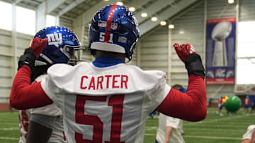 Eat Rutherford, NJ -- May 9, 2025 -- Draft pick Abdul Carter during practice at Giants Rookie Minicamp.