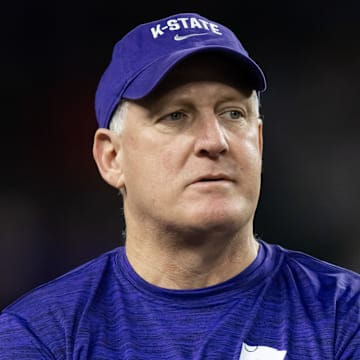 Dec 26, 2024; Phoenix, AZ, USA; Kansas State Wildcats head coach Chris Klieman prior to the game against the Rutgers Scarlet Knights during the Rate Bowl at Chase Field. Mandatory Credit: Mark J. Rebilas-Imagn Images