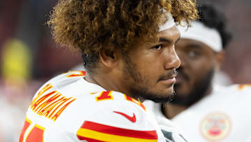 Kansas City Chiefs offensive tackle Kingsley Suamataia (76) against the Arizona Cardinals during a preseason NFL game at State Farm Stadium.
