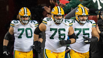 January 20, 2024; Santa Clara, CA, USA; Green Bay Packers guard Royce Newman (70), guard Jon Runyan (76), and guard Sean Rhyan (75) before a 2024 NFC divisional round game against the San Francisco 49ers at Levi's Stadium. Mandatory Credit: Kyle Terada-Imagn Images