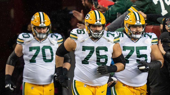 January 20, 2024; Santa Clara, CA, USA; Green Bay Packers guard Royce Newman (70), guard Jon Runyan (76), and guard Sean Rhyan (75) before a 2024 NFC divisional round game against the San Francisco 49ers at Levi's Stadium. Mandatory Credit: Kyle Terada-Imagn Images