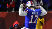 Jan 15, 2024; Orchard Park, New York, USA; Buffalo Bills quarterback Josh Allen (17) celebrates a touch down in the first half against the Pittsburgh Steelers in a 2024 AFC wild card game at Highmark Stadium. Mandatory Credit: Mark Konezny-USA TODAY Sports