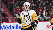 Dec 12, 2024; Montreal, Quebec, CAN; Pittsburgh Penguins right wing Rickard Rakell (67) reacts after scoring a goal against the Montreal Canadiens during the third period at Bell Centre. Mandatory Credit: David Kirouac-Imagn Images