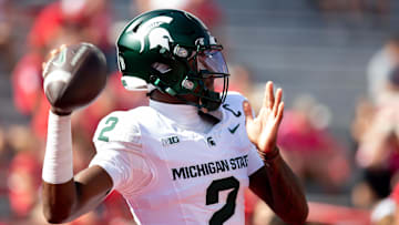 Oct 4, 2025; Lincoln, Nebraska, USA; Michigan State Spartans quarterback Aidan Chiles (2) warms up before the game against the Nebraska Cornhuskers at Memorial Stadium. Mandatory Credit: Kylie Graham-Imagn Images