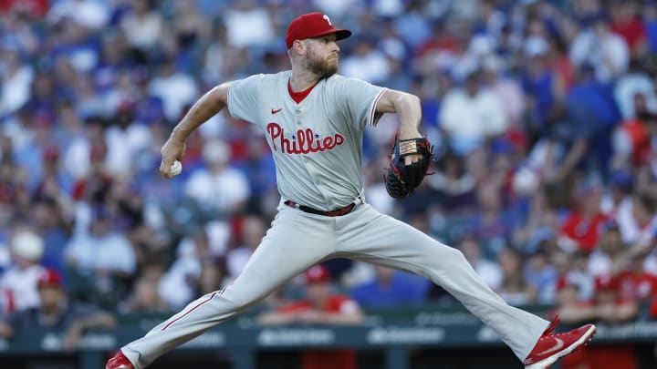 Jul 3, 2024; Chicago, Illinois, USA; Philadelphia Phillies starting pitcher Zack Wheeler (45) delivers a pitch against the Chicago Cubs during the second inning at Wrigley Field. Mandatory Credit: Kamil Krzaczynski-USA TODAY Sports