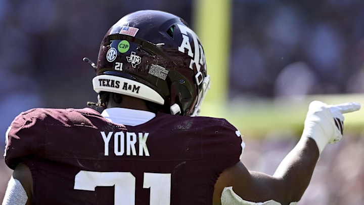 Sep 27, 2025; College Station, Texas, USA; Texas A&M Aggies linebacker Taurean York (21) reacts during the first half against the Auburn Tigers at Kyle Field. Mandatory Credit: Maria Lysaker-Imagn Images 