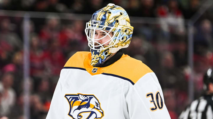 Jan 12, 2023; Montreal, Quebec, CAN; Nashville Predators goalie Yaroslav Askarov (30) against the Montreal Canadiens during the second period at Bell Centre. Mandatory Credit: David Kirouac-USA TODAY Sports