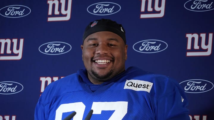 Nov 8, 2024; Munich, Germany; New York Giants defensive tackle Dexter Lawrence II (97) during press conference at the FC Bayern Munchen training grounds at Sabener Strasse.  Mandatory Credit: Kirby Lee-Imagn Images