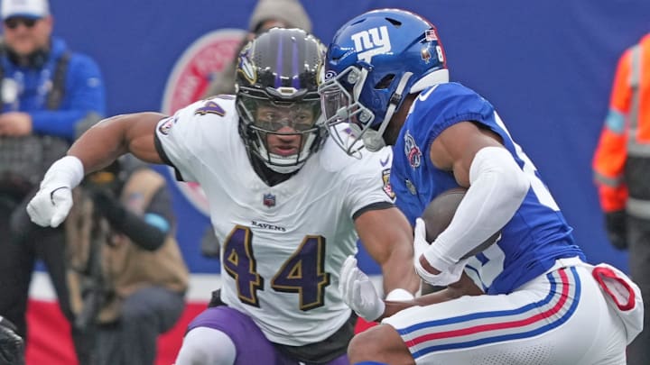 East Rutherford, NJ -- December 15, 2024 -- Marlon Humphrey of the Ravens lines up Darius Slayton of the Giants in the first half. The Baltimore Ravens came to MetLife Stadium to play the New York Giants.