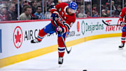 Nov 11, 2025; Montreal, Quebec, CAN; Montreal Canadiens defenseman Mike Matheson (8) shoots the puck away against the Los Angeles Kings during the second period at Bell Centre. Mandatory Credit: David Kirouac-Imagn Images