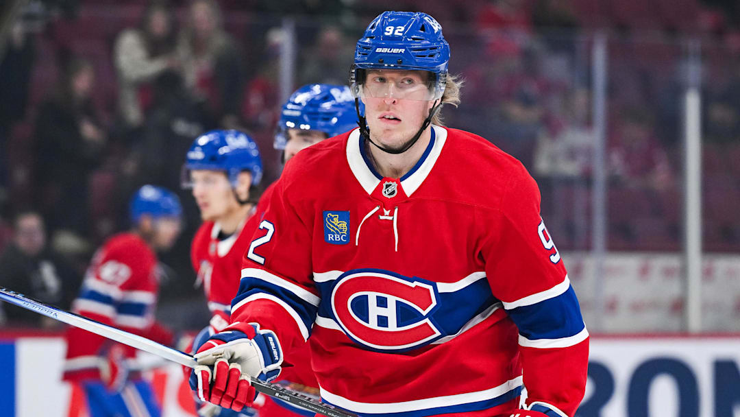 Oct 16, 2025; Montreal, Quebec, CAN; Montreal Canadiens right wing Patrik Laine (92) looks on during warm-up before the game against the Nashville Predators at Bell Centre. Mandatory Credit: David Kirouac-Imagn Images